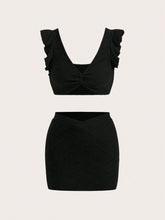 Women Summer Solid Color Twist Knot Short Sleeve Crop Top And Skirt Set